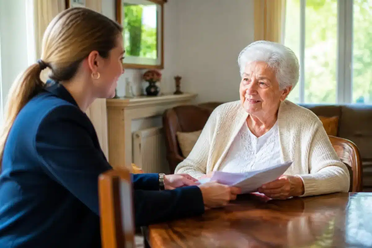 Personne âgée recevant documents aide financière à domicile