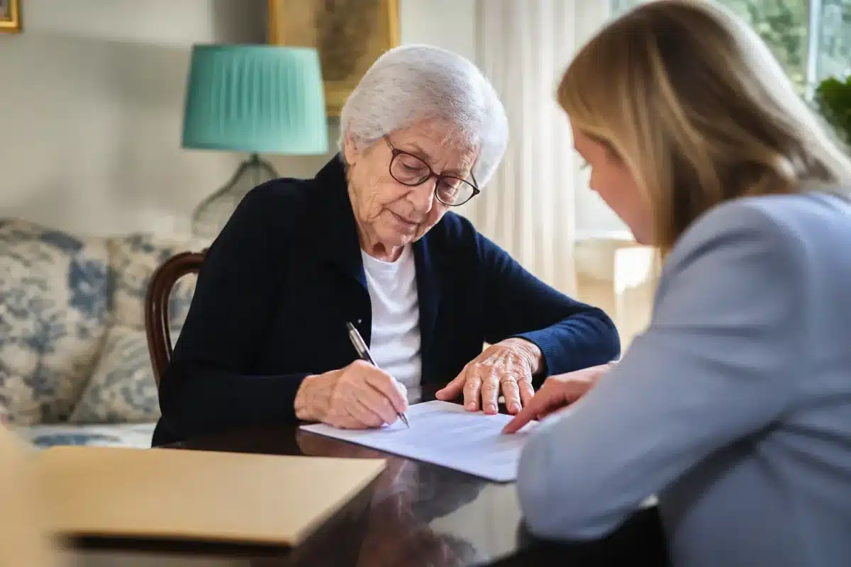 Personne âgée signant documents aide financière EHPAD