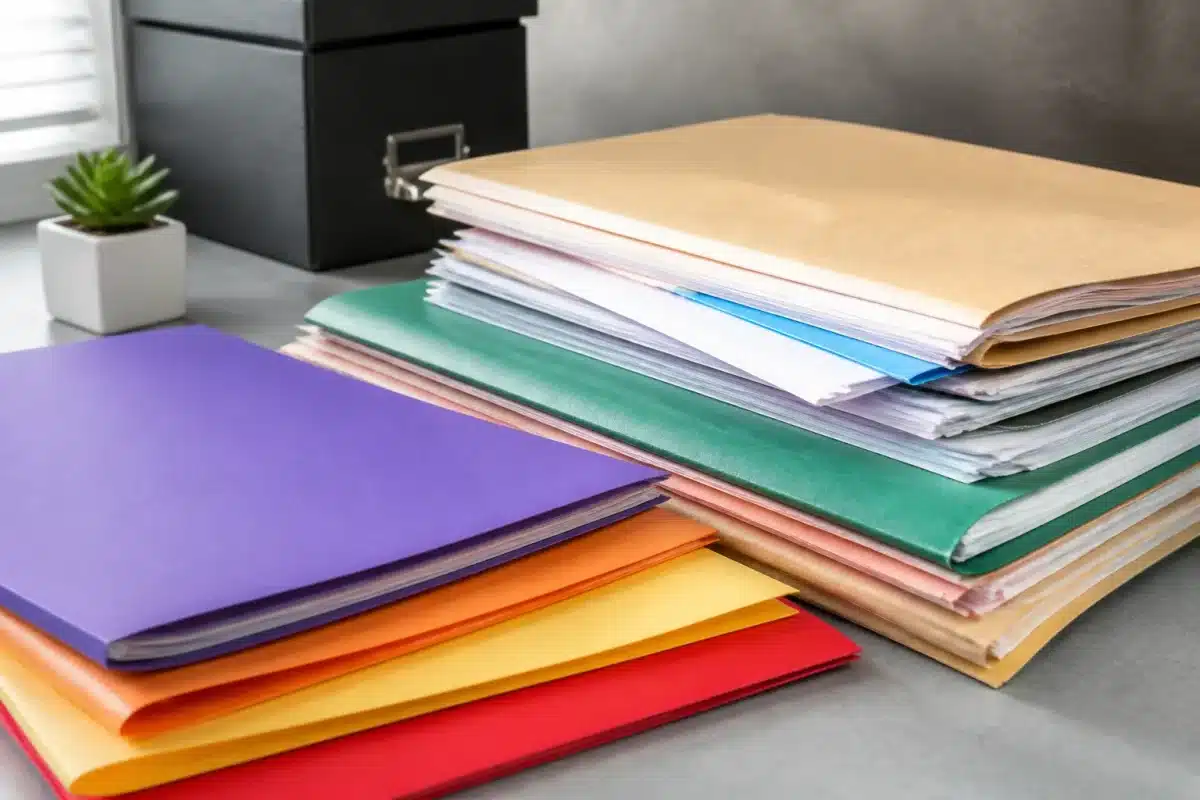 Documents administratifs et dossier social sur bureau gris