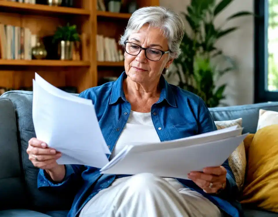 Personne agee assise tenant documents financiers entre ses mains