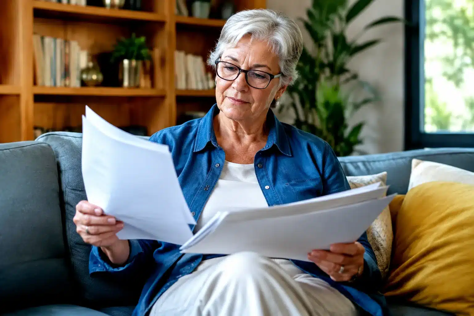 Personne agee assise tenant documents financiers entre ses mains