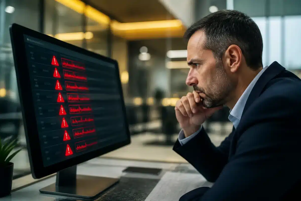 Ecran bancaire affichant alertes transactions suspectes en rouge