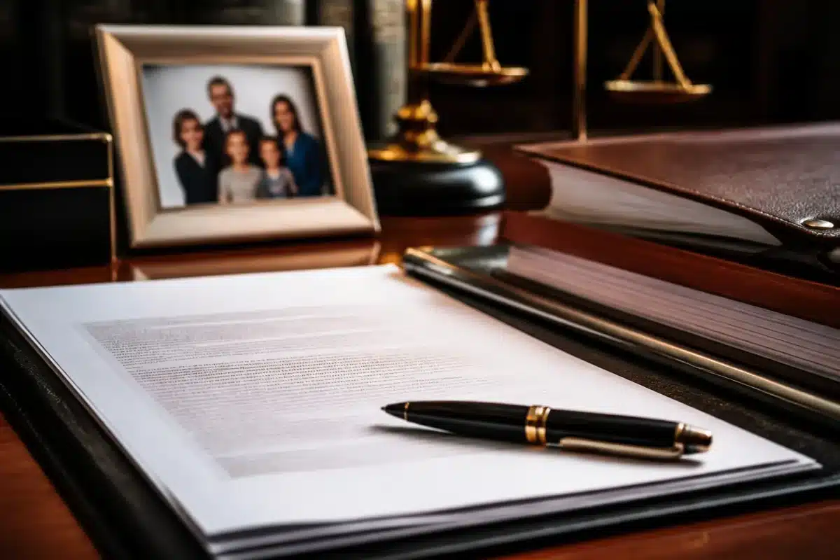Documents juridiques et stylo sur bureau avec dossier familial
