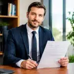 Homme assis à bureau tenant document officiel signé