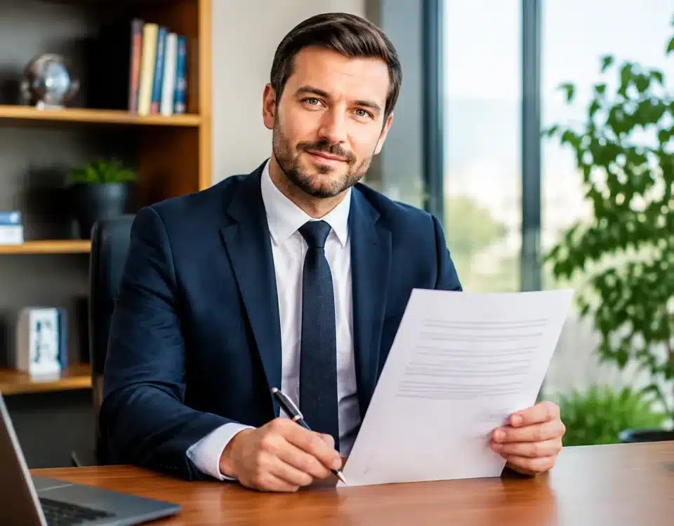 Homme assis à bureau tenant document officiel signé