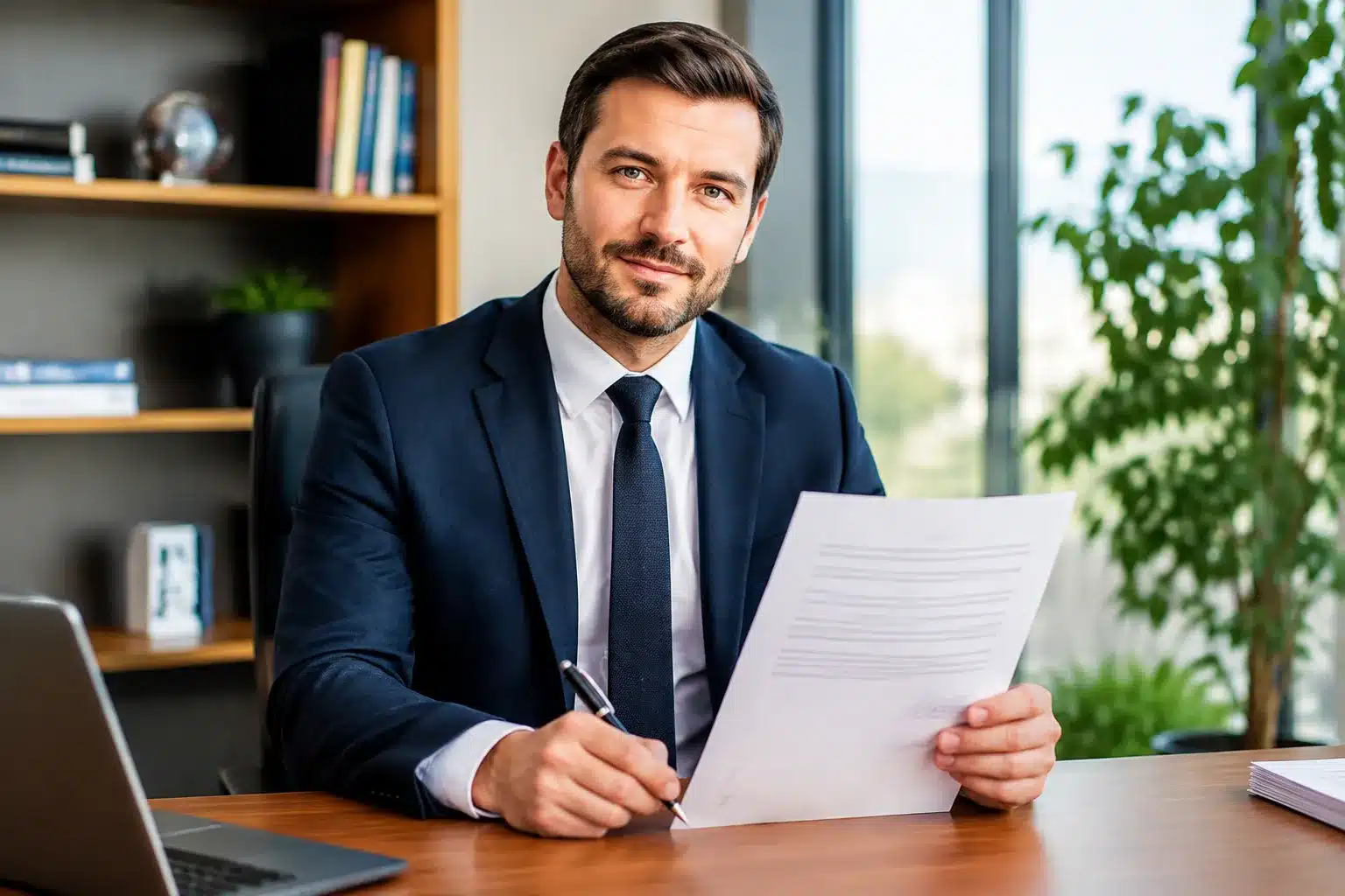 Homme assis à bureau tenant document officiel signé