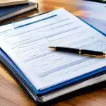 Formulaire d'assurance avec stylo posé dessus, documents empilés