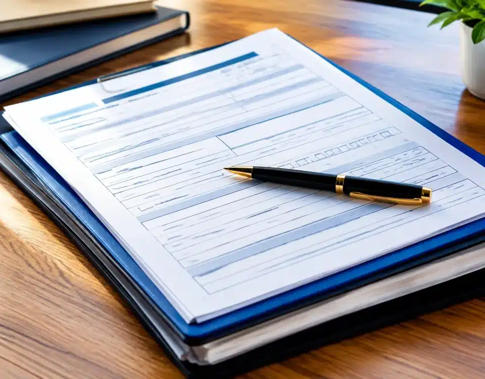 Formulaire d'assurance avec stylo posé dessus, documents empilés