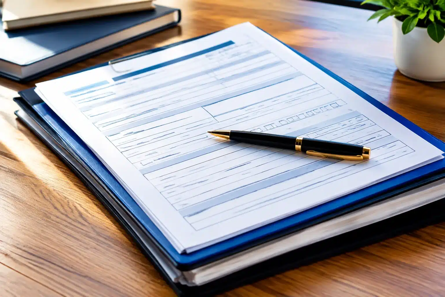 Formulaire d'assurance avec stylo posé dessus, documents empilés