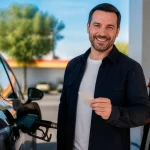 Automobiliste tenant recu pres pompe carburant