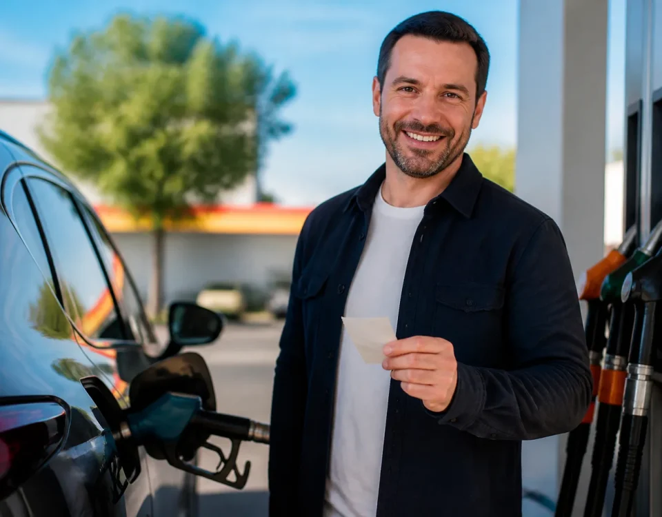 Automobiliste tenant recu pres pompe carburant