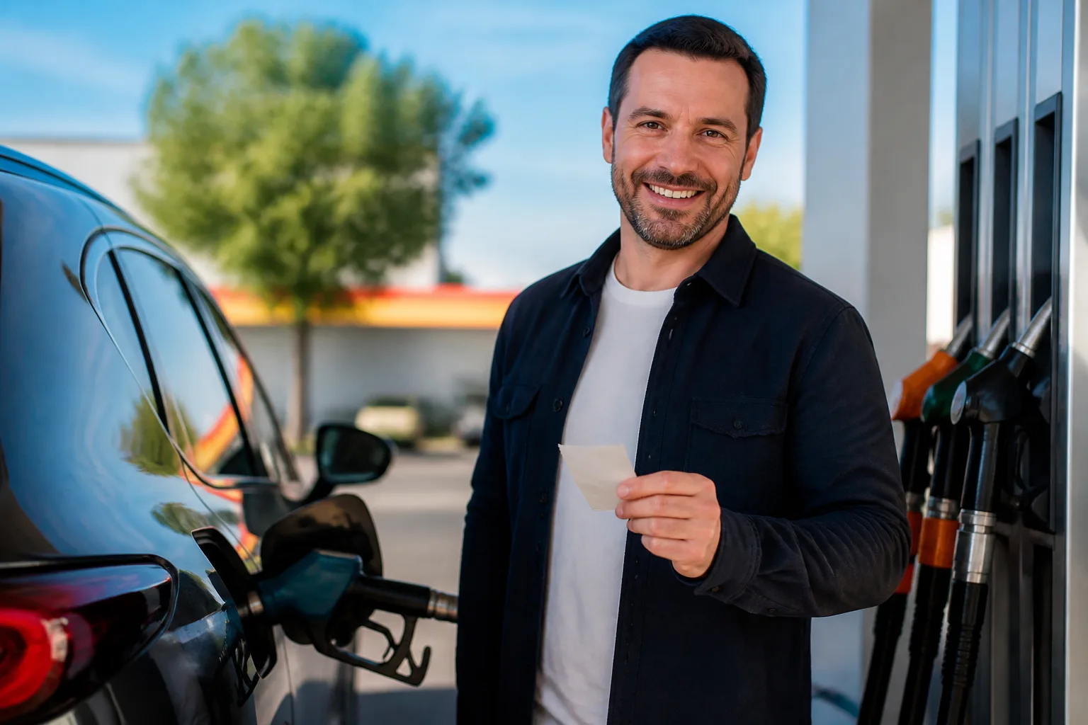 Automobiliste tenant recu pres pompe carburant
