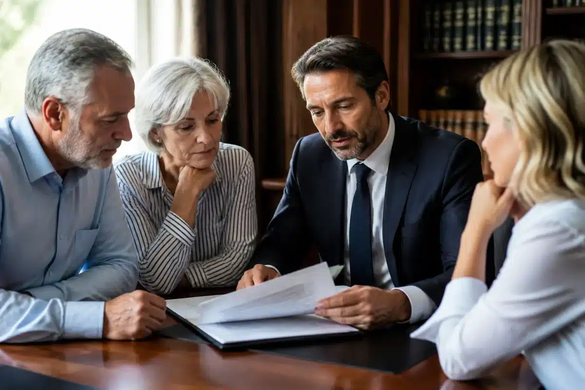 Avocat examinant documents successoraux avec héritiers autour table
