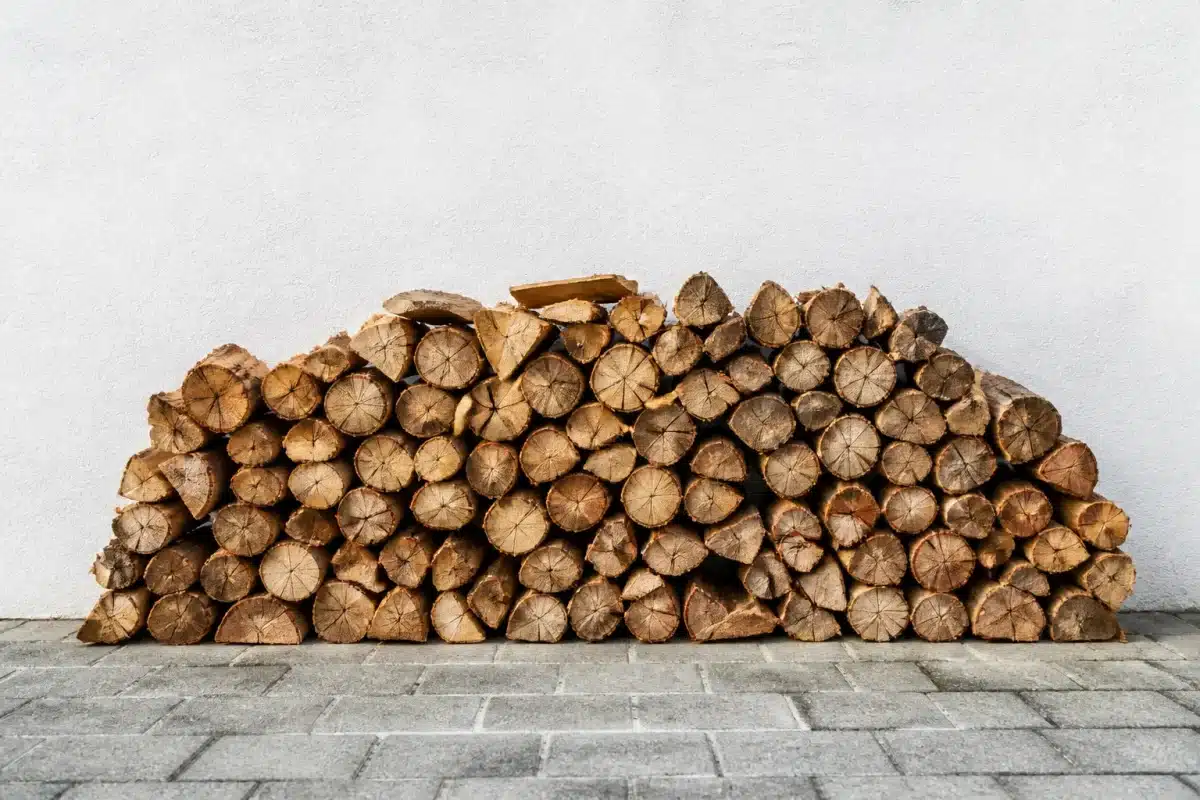 Tas de bois empilé contre mur blanc mesuré