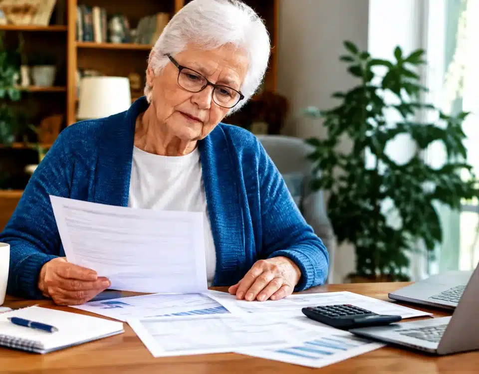 Personne agee assise consultent document financier detaille sur table