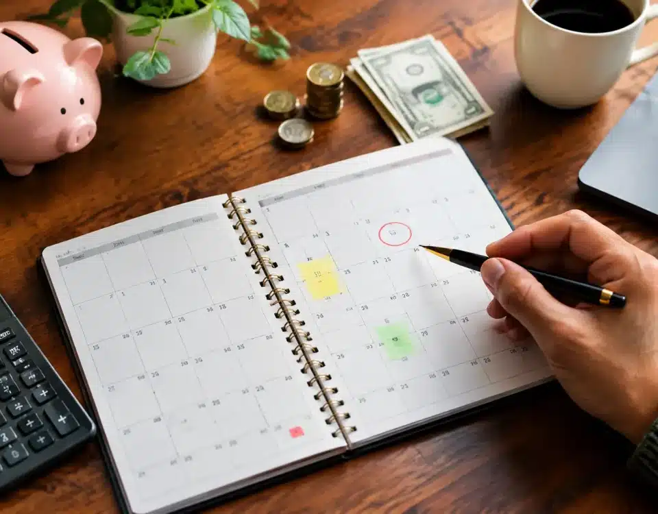 Calendrier ouvert montrant dates limites avec stylo pointant alertes financieres