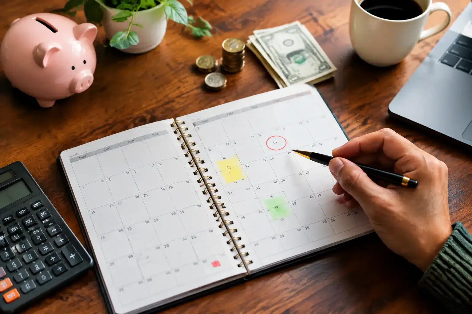Calendrier ouvert montrant dates limites avec stylo pointant alertes financieres