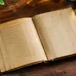 Ancien carnet bancaire jauni pose ouvert sur surface bois