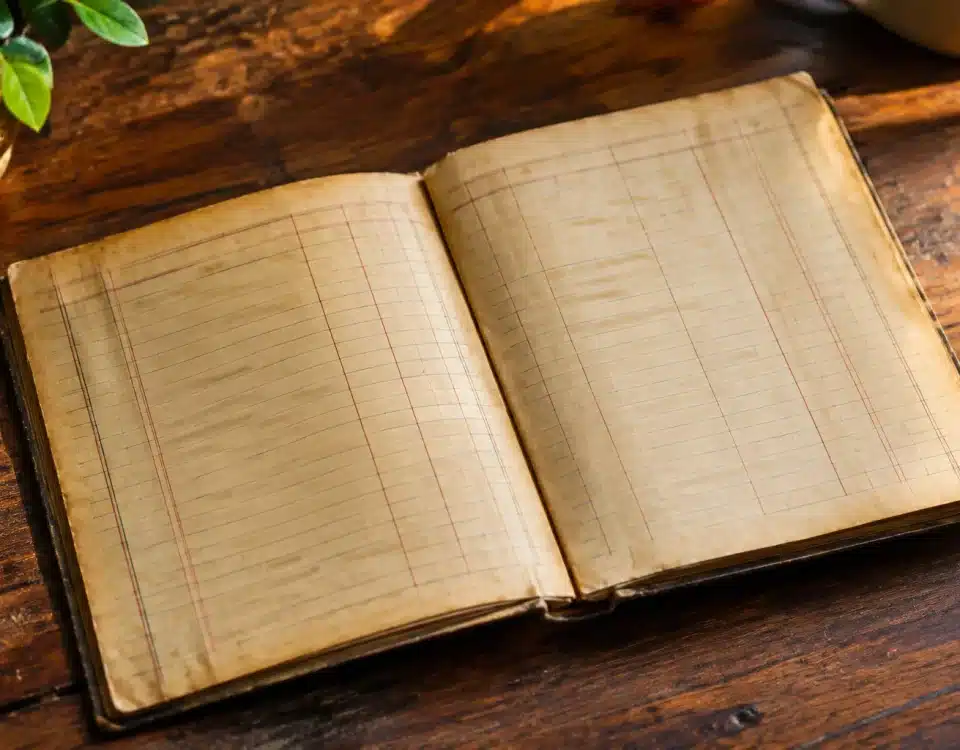 Ancien carnet bancaire jauni pose ouvert sur surface bois