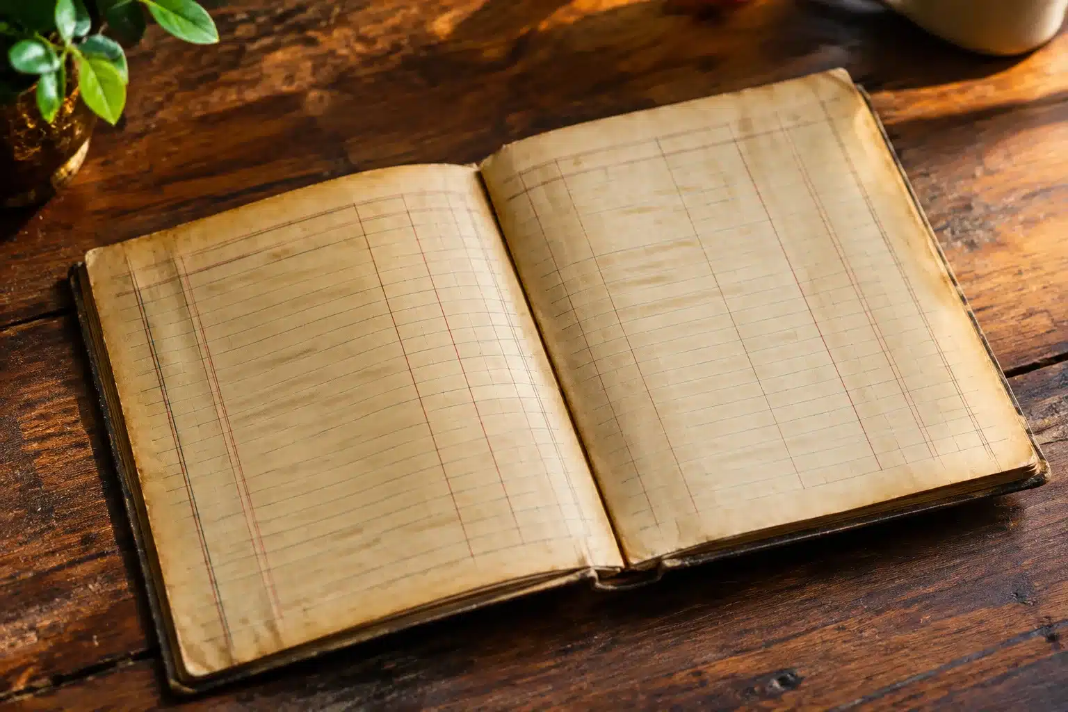 Ancien carnet bancaire jauni pose ouvert sur surface bois