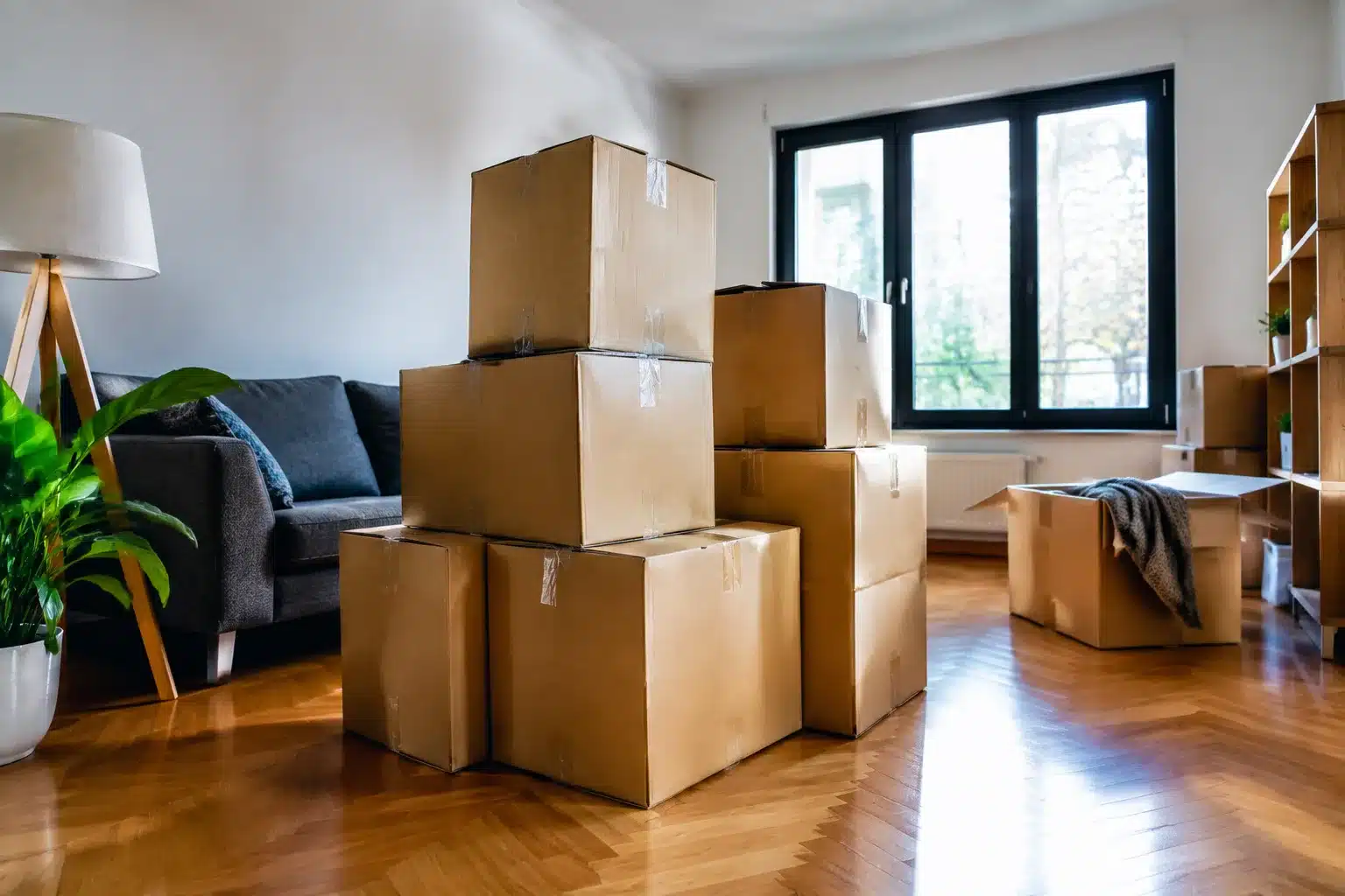 Cartons empiles dans salon vide pendant demenagement familiale rapide