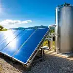 Panneaux solaires brillants stockant chaleur dans réservoirs cylindriques verticaux