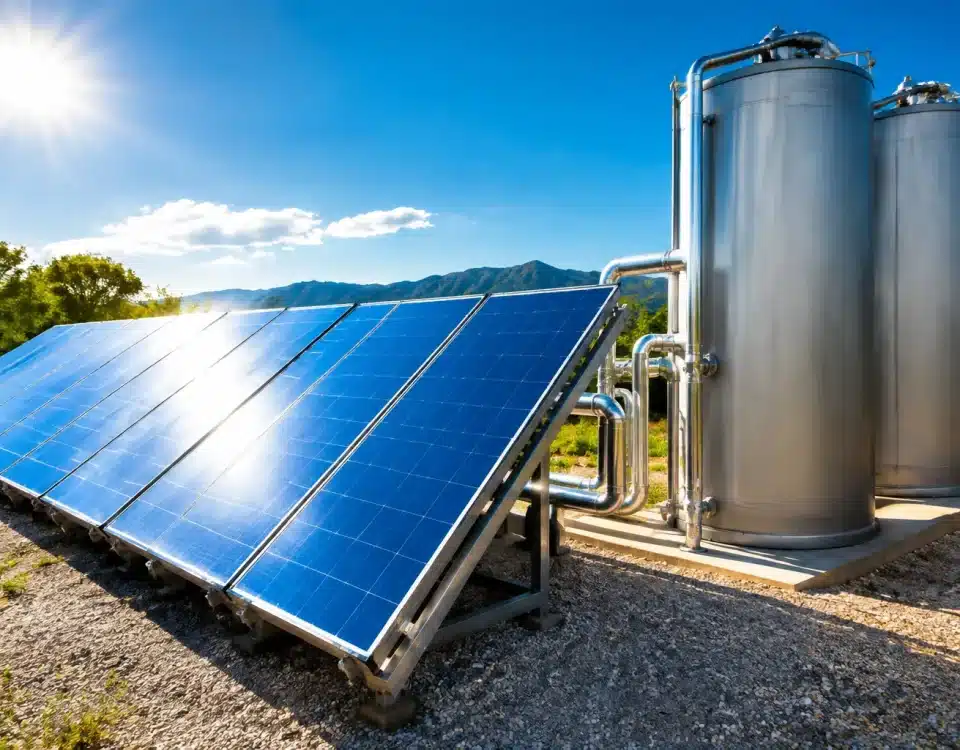 Panneaux solaires brillants stockant chaleur dans réservoirs cylindriques verticaux