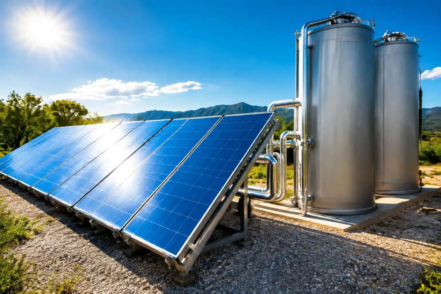 Panneaux solaires brillants stockant chaleur dans réservoirs cylindriques verticaux