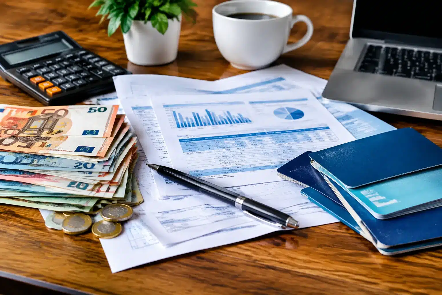 Documents financiers etales montrant salaires, impots et livrets bancaires empiles