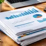 Documents financiers empiles montrant graphiques et chiffres en evolution