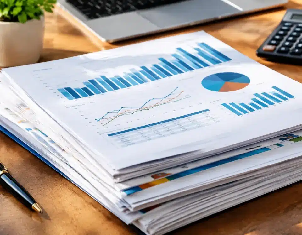 Documents financiers empiles montrant graphiques et chiffres en evolution