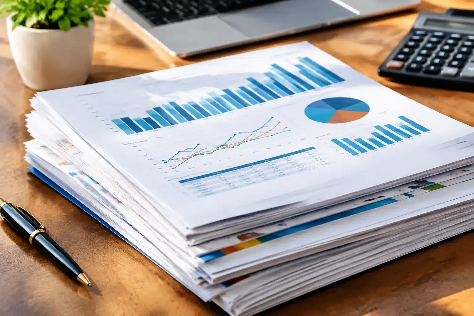 Documents financiers empiles montrant graphiques et chiffres en evolution