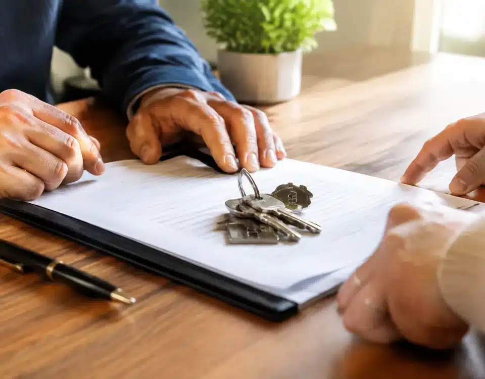 Clés d'appartement posees sur document testamentaire entre deux personnes