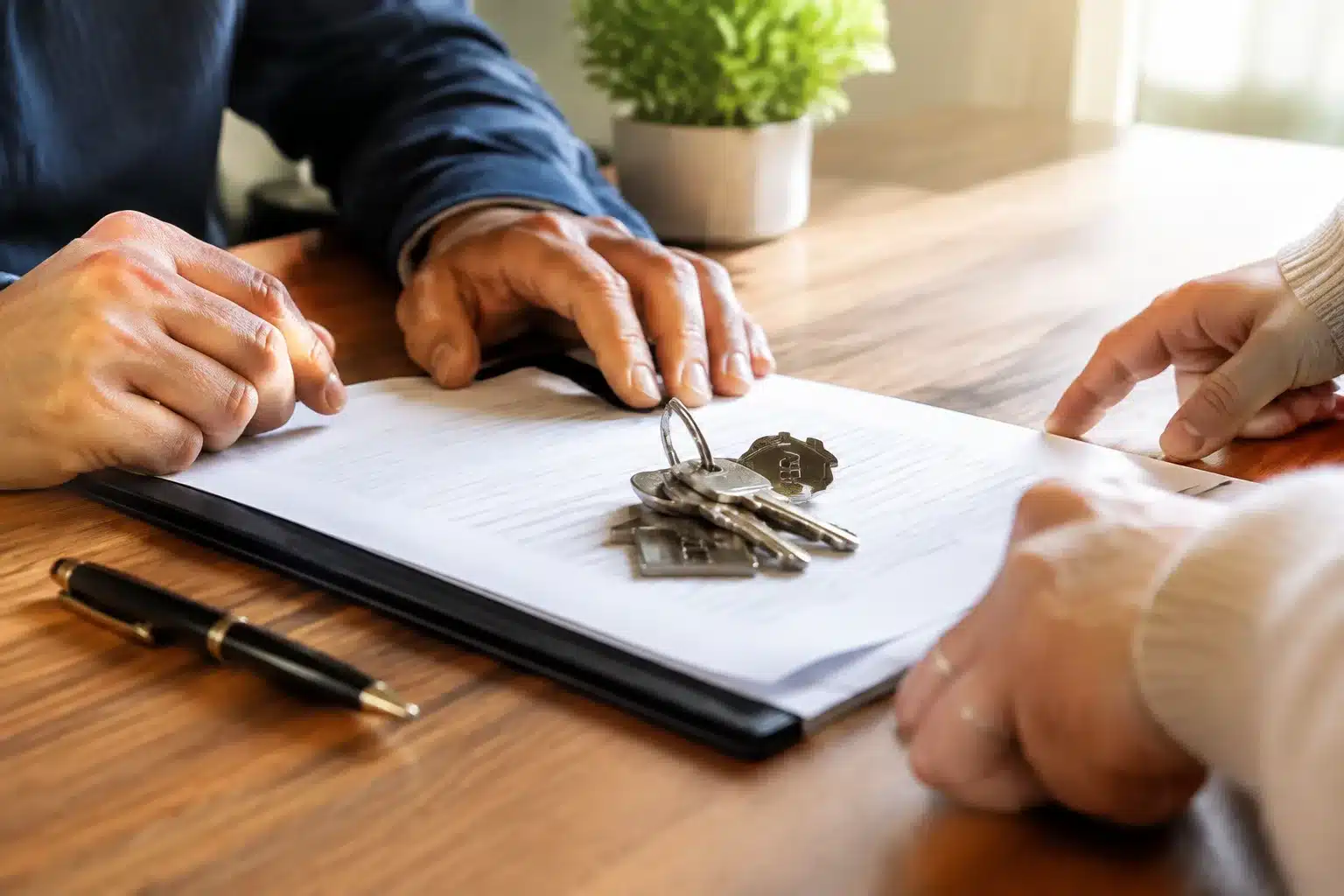 Clés d'appartement posees sur document testamentaire entre deux personnes