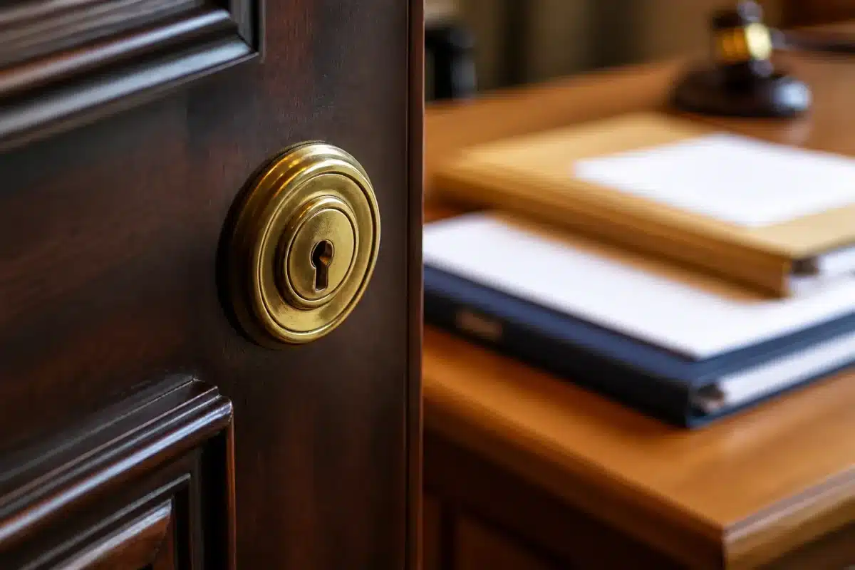 Serrure de porte fermée avec clé manquante, documents légaux