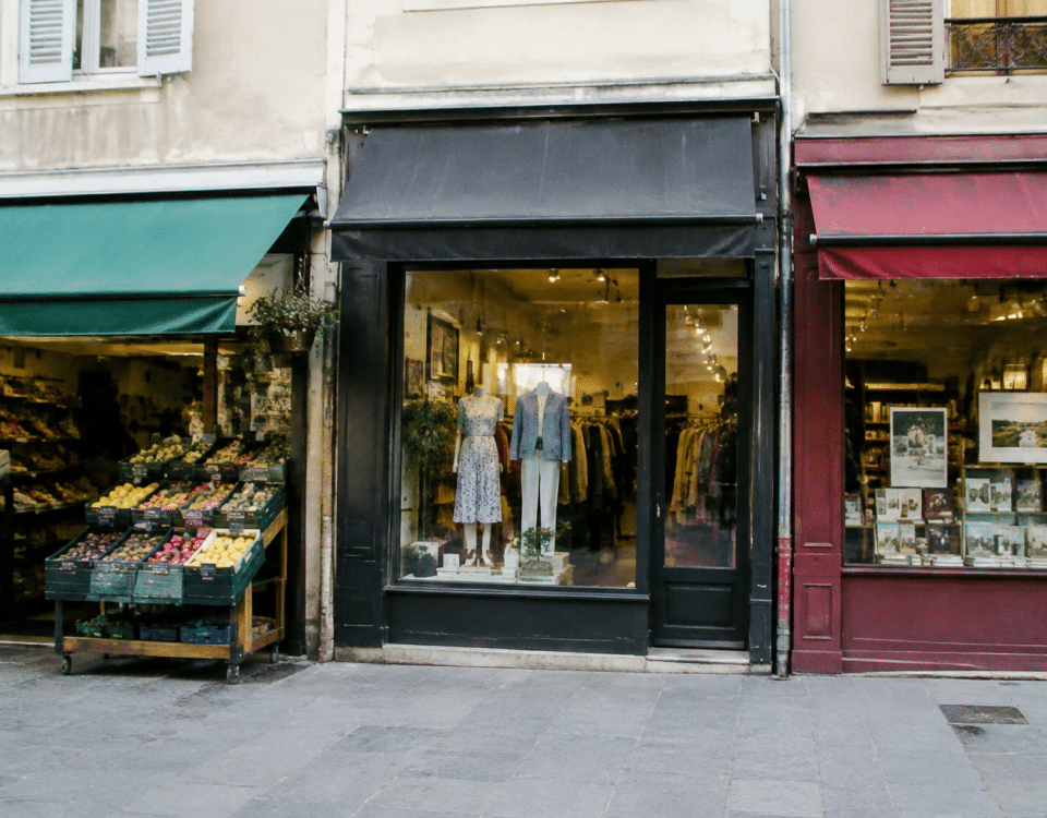 Trois devantures commerciales cote a cote affichant tarifs differents