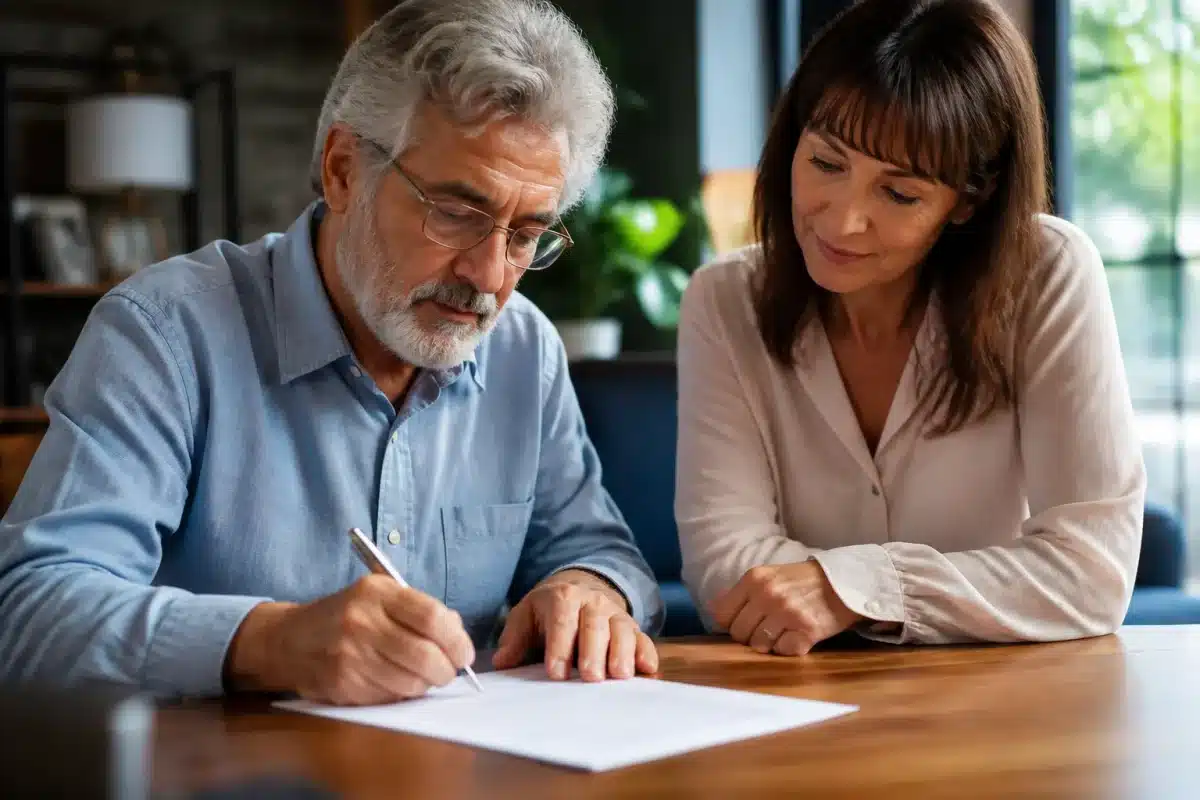 Adulte signant document avec accompagnateur bienveillant présent