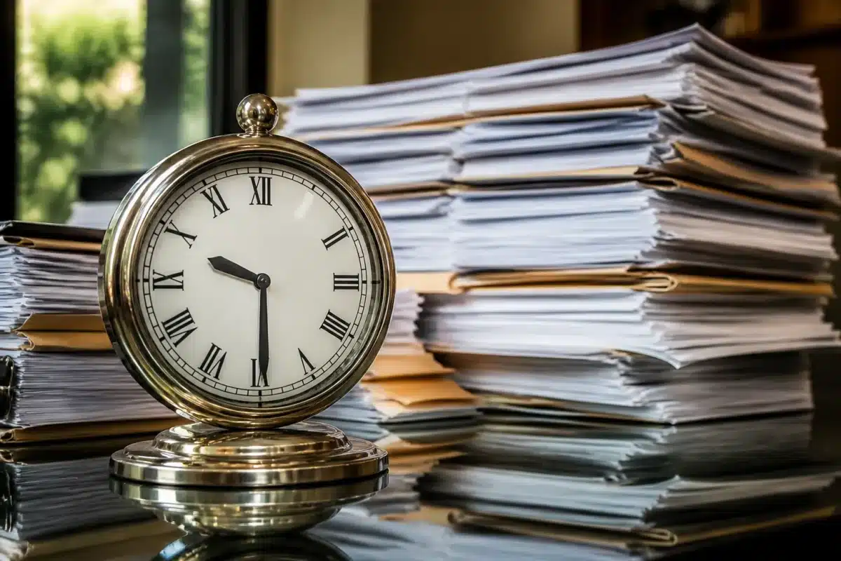 Horloge affichant trente ans avec documents bancaires empilés
