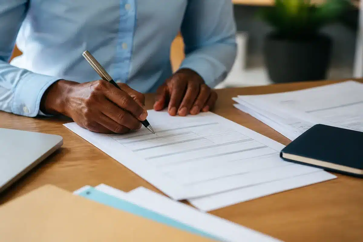 Formulaire administratif rempli sur bureau avec documents officiels