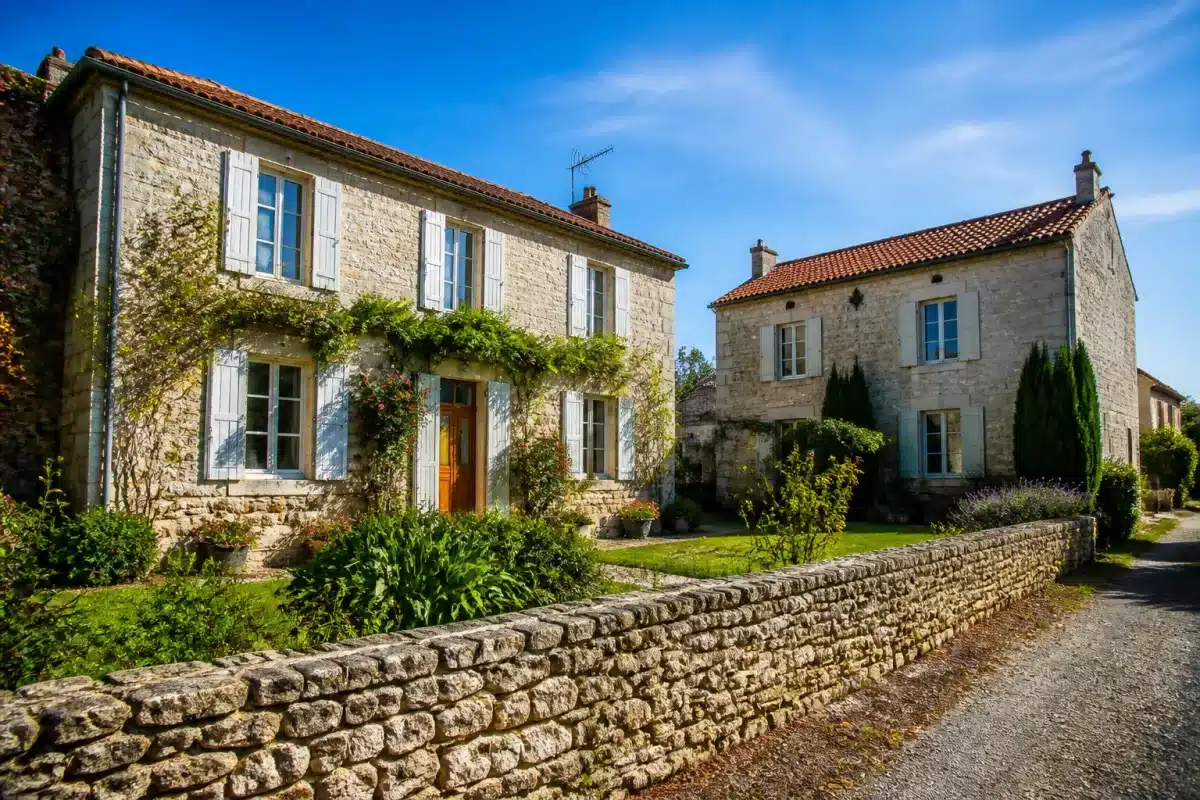 Maisons rurales bourgeoises avec panneaux immobiliers affichant prix mensuels
