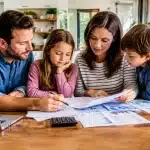 Famille assise autour table examinant documents financiers avec stylo