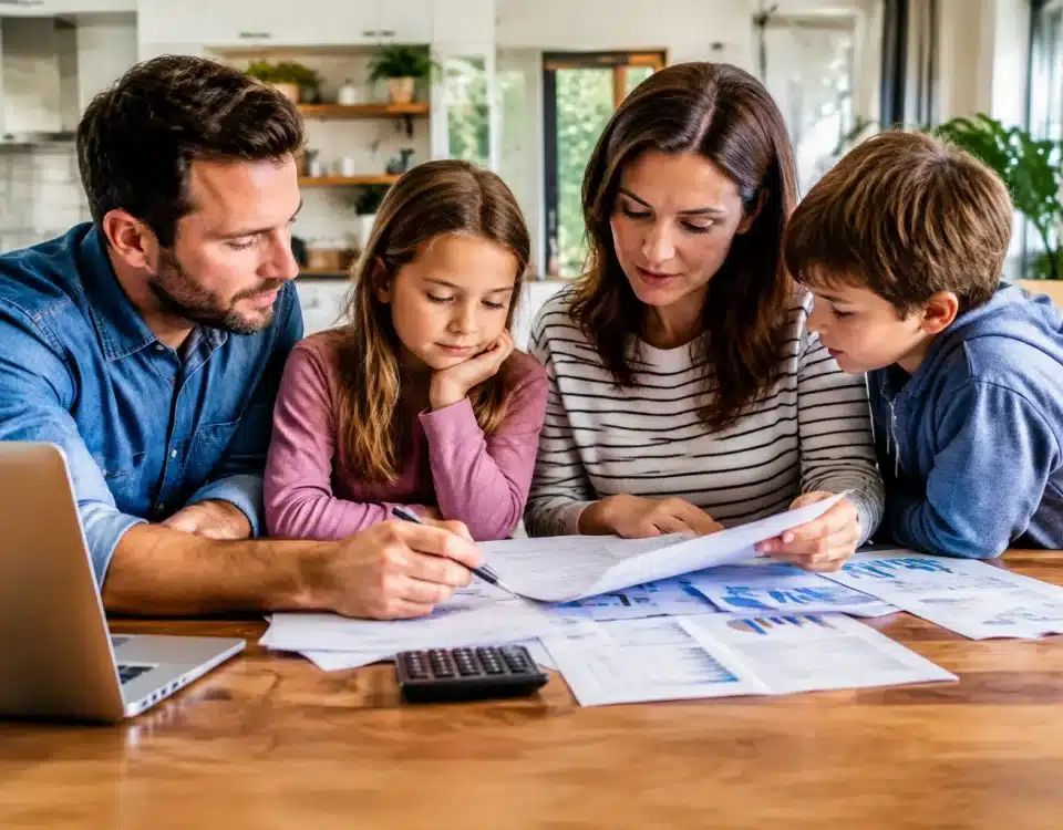 Famille assise autour table examinant documents financiers avec stylo