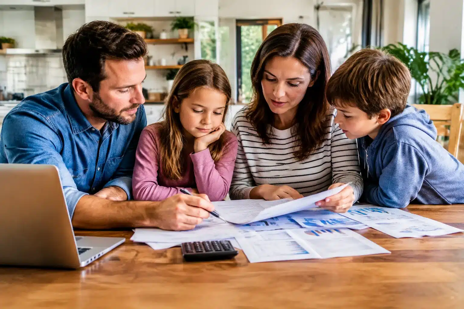 Famille assise autour table examinant documents financiers avec stylo