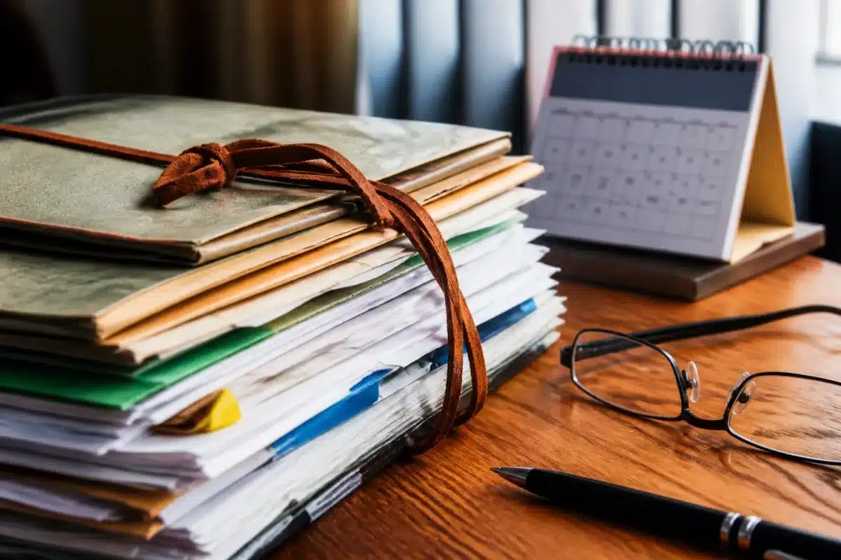 Dossier administratif avec documents de retraite et calendrier professionnel