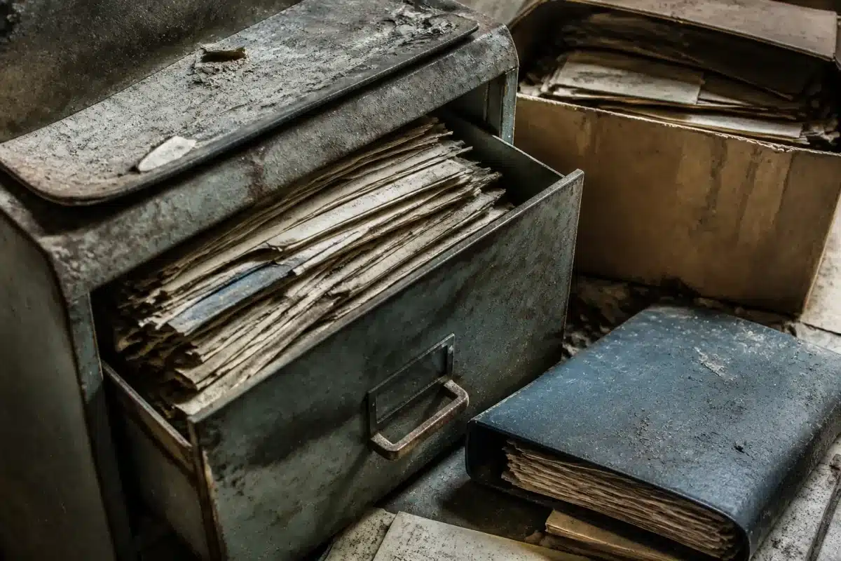 Documents cachés dans tiroir, boîte et classeur poussiéreux