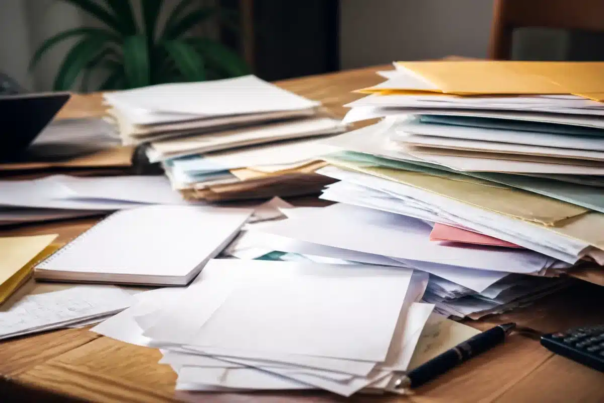 Documents eparpilles et papiers administratifs non tries sur bureau