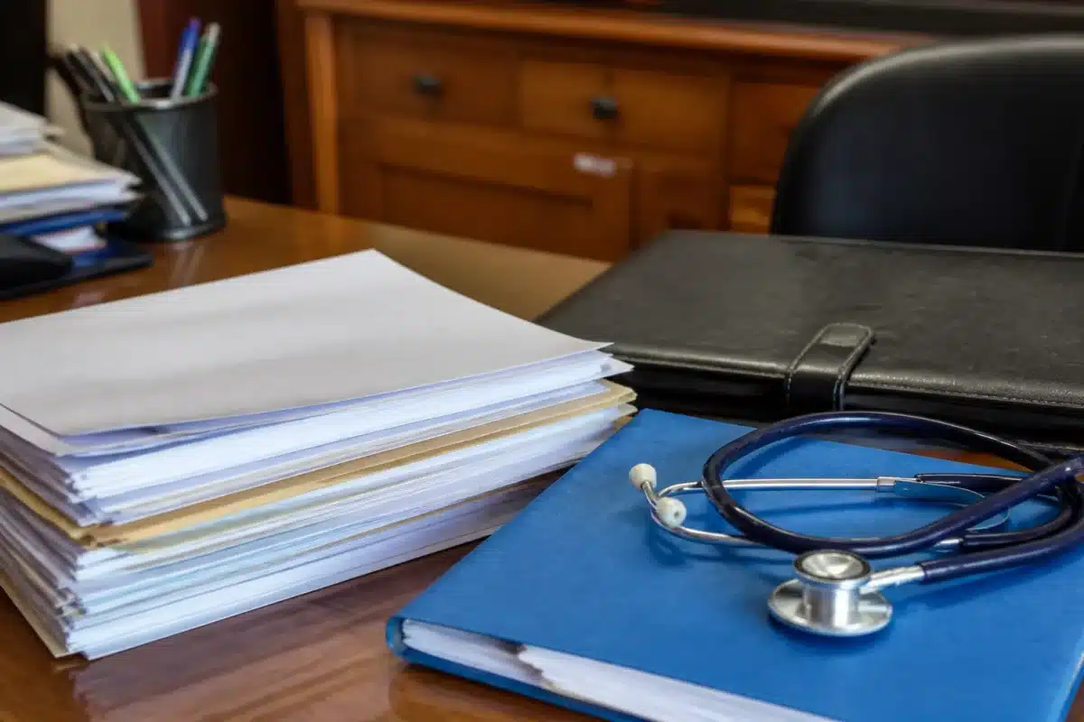 Documents administratifs et dossier medical sur bureau