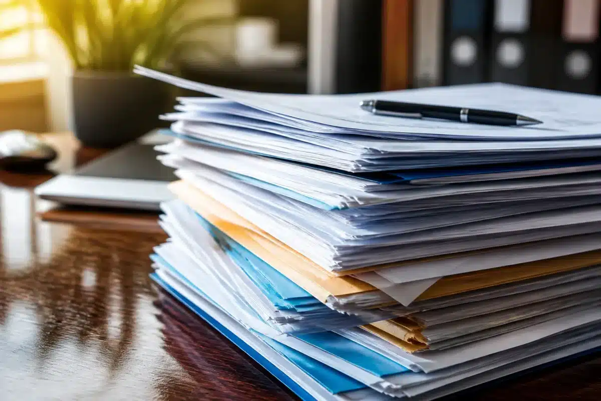 Pile de documents officiels avec stylo et formulaires assurance