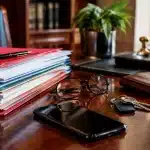 Documents papier et objets personnels empiles sur bureau notaire