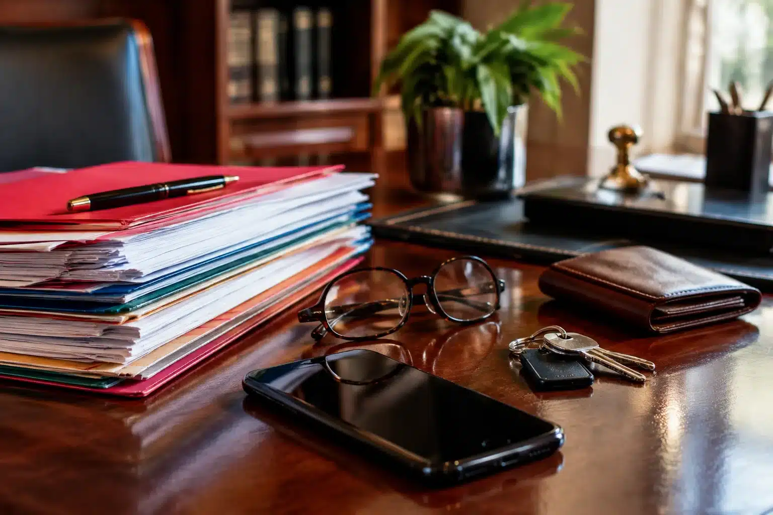 Documents papier et objets personnels empiles sur bureau notaire